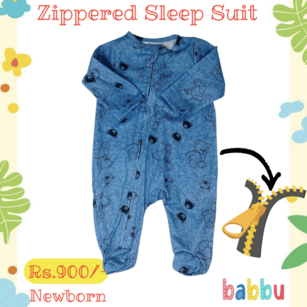 Sleep suits Newborn - Zipper Light Blue with Bear Faces