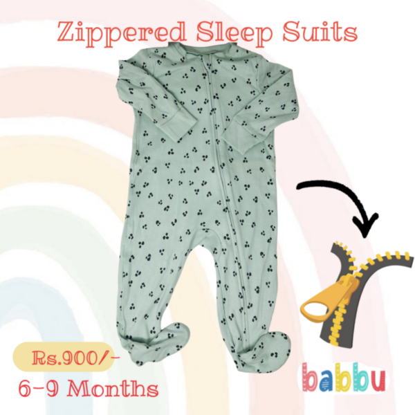 Sleep suits 6-9 Months - Zipper Green with Black Dots