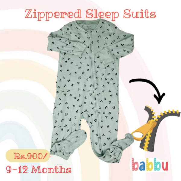 Sleep suits 9-12 Months - Zipper Green with Black Dots