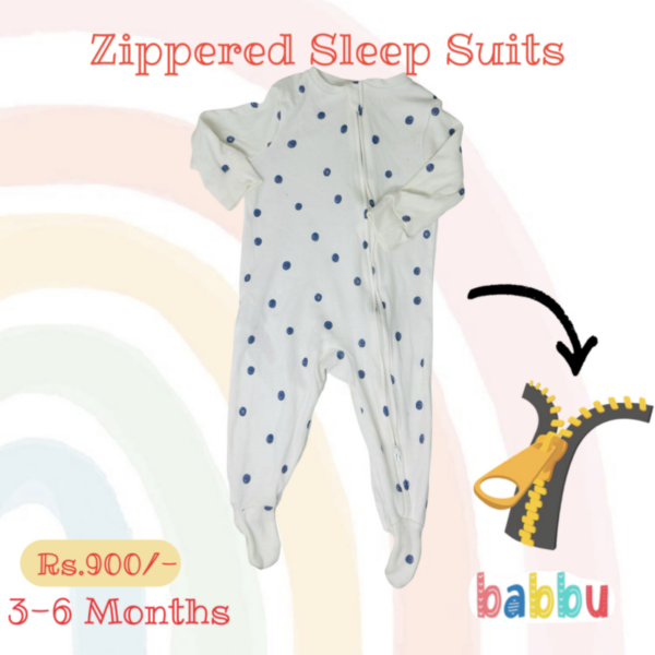 Sleep Suits 3-6 Months - Zippered Blue Polka