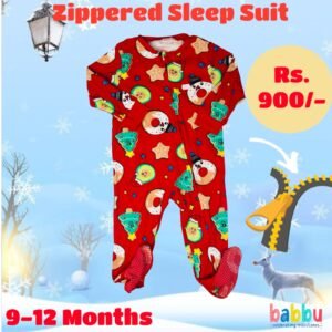 Zipper Sleep suits 9-12 Months - Red with Food Christmas Print
