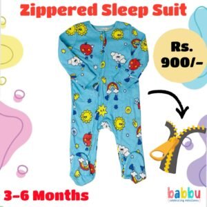 Zipper Sleep suits 3-6 Months - Light Blue with Sun and Objects