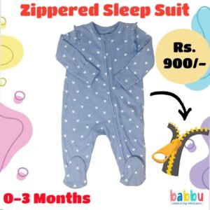 Zipper Sleep suits 0-3 Months - Blue with White Hearts