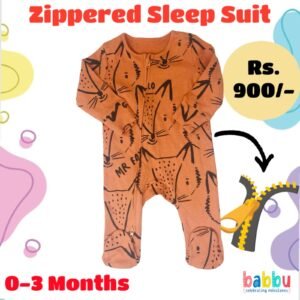 Zipper Sleep suits 0-3 Months - Orange with Fox Faces