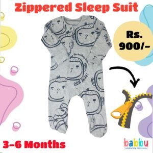 Zipper Sleep suits 3-6 Months - Grey with Monkey Faces