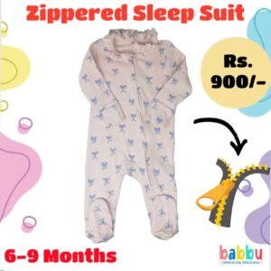 Zipper Sleep suits 6-9 Months - Pink with Blue Bows
