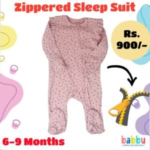 Zipper Sleep suits 6-9 Months - Pink with Black Polka Dots