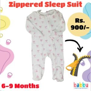 Zipper Sleep suits 6-9 Months - White with Pink Bow