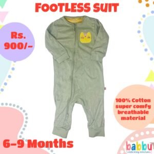 Footless suits 6-9 Months -Green with Yellow Cat Face