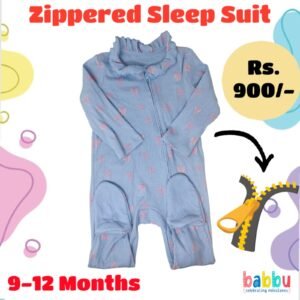 Zipper Sleep suits 9-12 Months - Blue with Pink Bows