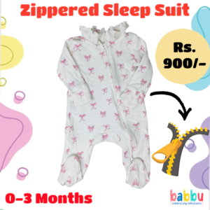Zipper Sleep suits 0-3 Months - White with Pink Bow