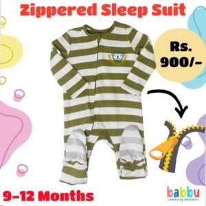 Zipper Sleep suits 9-12 Months - Green and White Stripes with Monkey Faces