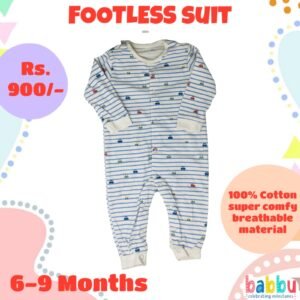 Footless suits 6-9 Months - White and Blue Stripes with Cars