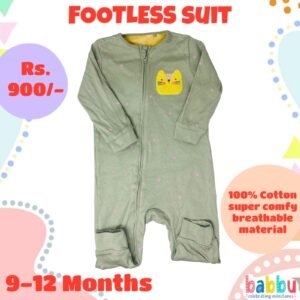 Footless suits 9-12 Months - Brushed Green with Kitty Face