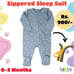 Zipper Sleep suits 0-3 Months - Light Blue with White Hearts