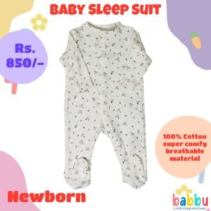Sleep suits Newborn - White with Small Black Leaves