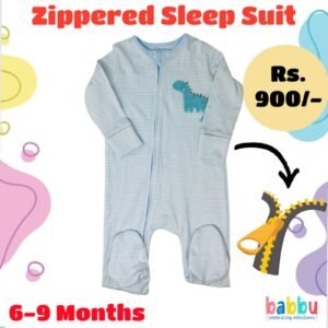 Zipper Sleep suits 6-9 Months - Green and White Stripes with Green Dino