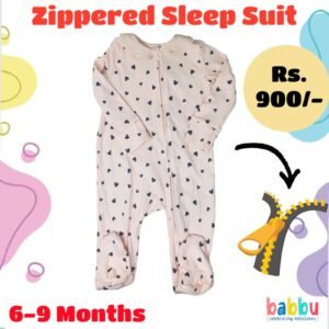 Zipper Sleep suits 6-9 Months - Pink with Black Hearts