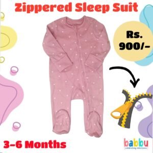 Zipper Sleep suits 3-6 Months - Salmon Pink with Small White Hearts