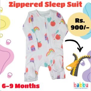 Zipper Sleep suits 6-9 Months - White with Rainbows