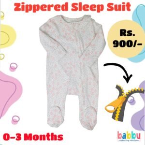 Zipper Sleep suits 0-3 Months - White with Small Pink Flowers and Black Dots