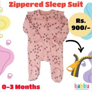 Zipper Sleep suits 0-3 Months - Salmon Pink with Dark Brown Flowers with White Dots
