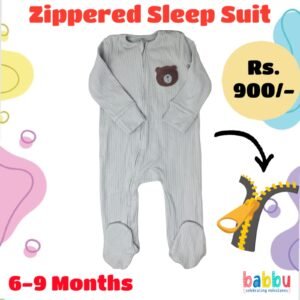 Zipper Sleep suits 6-9 Months - Grey with Bear Face
