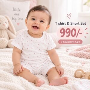 Short & T Shirt 3-6 Months - White with Small Pink Hearts