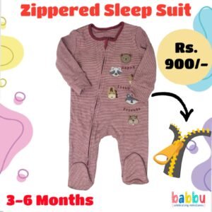 Zipper Sleep suits 3-6 Months - Maroon Stipes Animal Faces