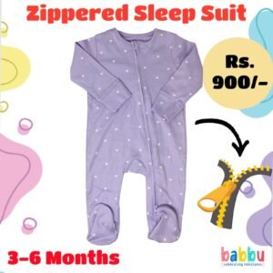 Zipper Sleep suits 3-6 Months - Purple with Small White Hearts